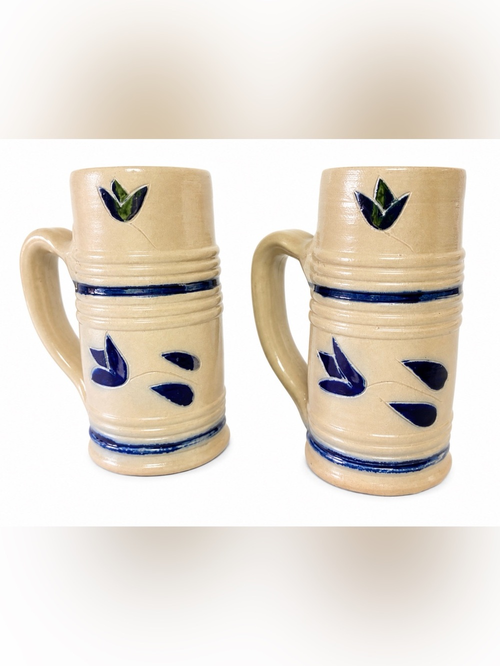 Williamsburg Pottery Stoneware Salt Glazed Coffee Mugs (2) Tankard Stein Flower
